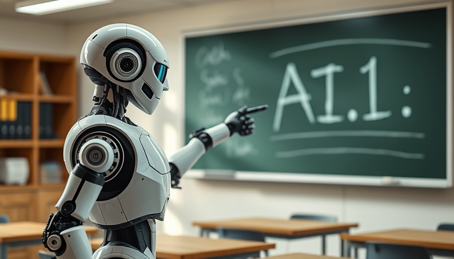 Robot teaching AI literacy concepts on a chalkboard in a classroom.