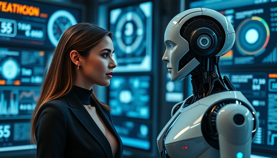 AI ethical implications: Human and robot discussing in tech room.