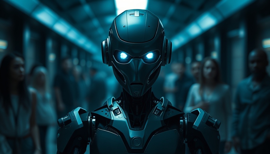 Futuristic robot in dim hallway depicting AI societal challenges.