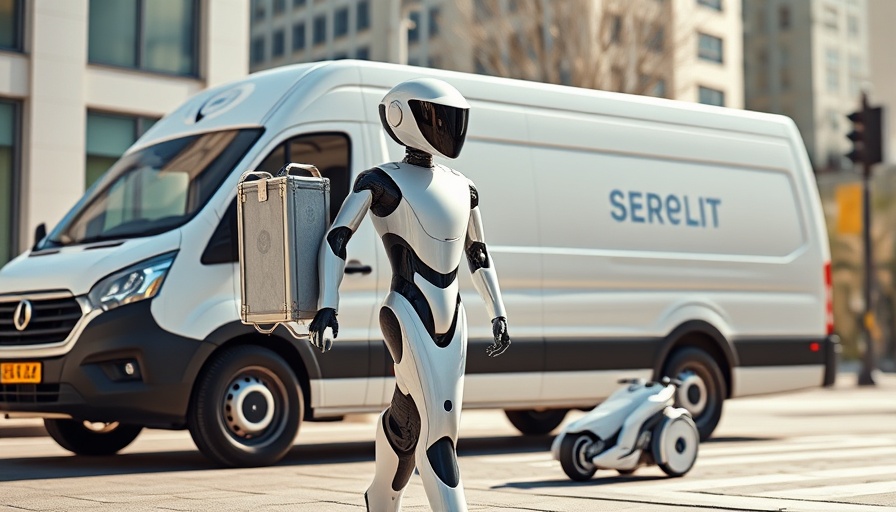 Futuristic delivery robot by van, representing future technology.