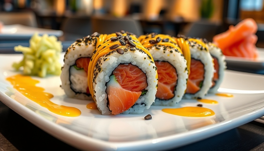 Rock N' Roll Sushi Atlanta dish with salmon and yellow sauce.