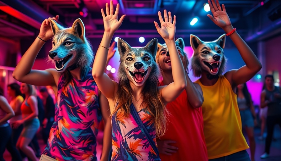 AI video generation and security risks depicted with adults in wolf masks dancing in neon-lit studio.