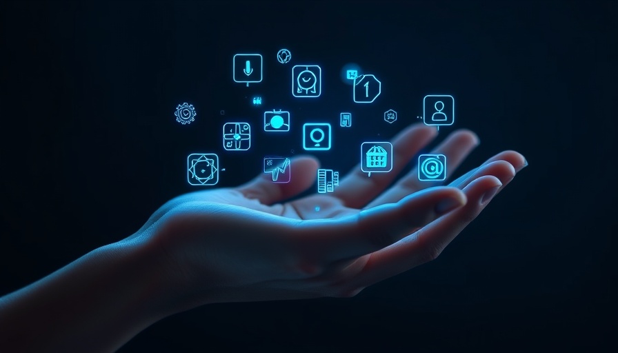 Futuristic AI technology concept hologram with icons in a human hand.