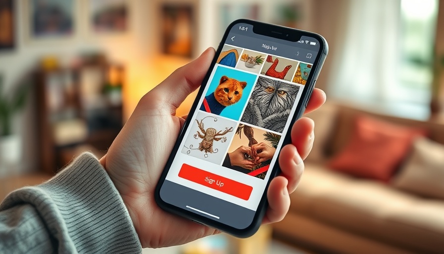 Person holding phone with AI image generator interface, sign-up crossed out, in home setting.