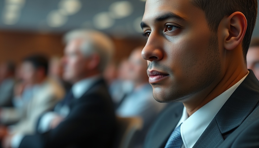 Person at conference, thoughtful expression, future technology focus.