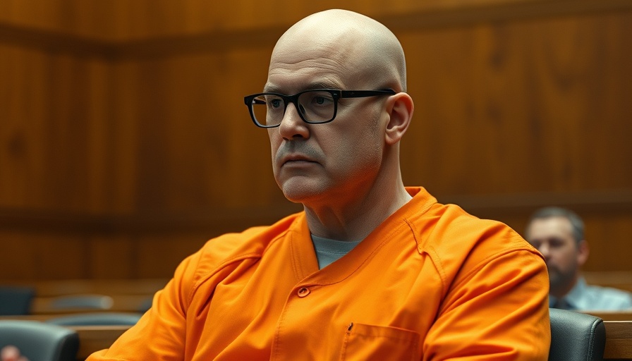 Man in court wearing orange jumpsuit, reflective mood.