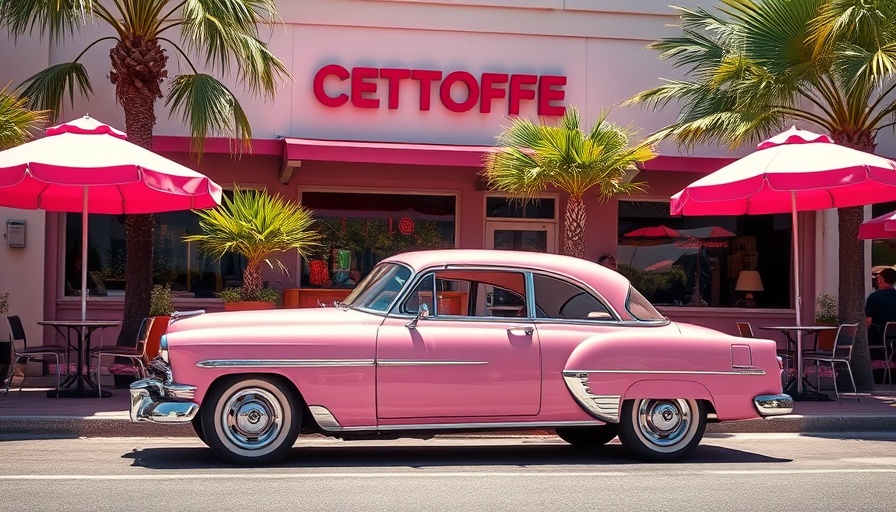 Trendy Miami coffee shop with pink car and outdoor seating.
