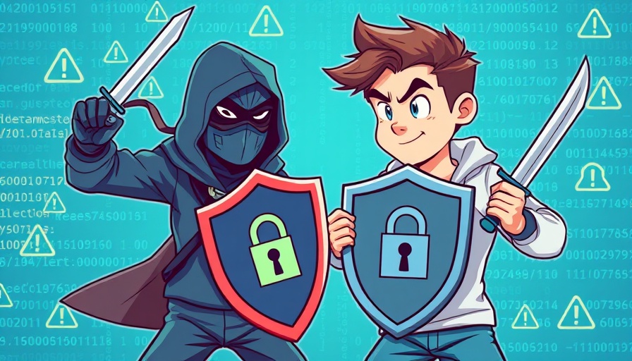 Machine Learning for Scam Reporting: cartoon of defending against cyber threats.