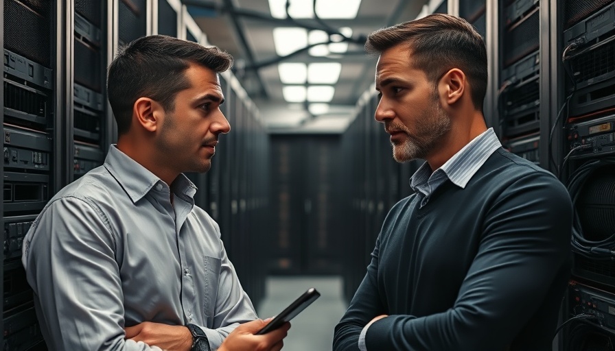 Two professionals discussing AI-driven health solutions in server room.