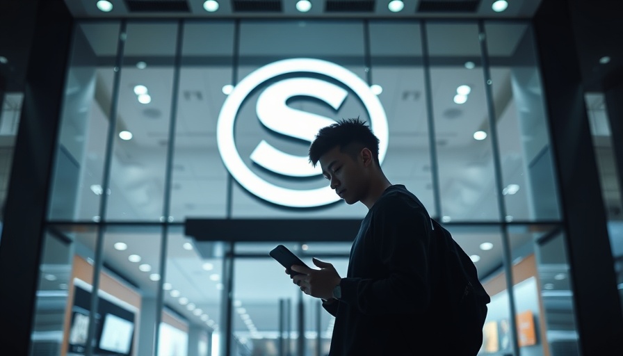 Man with smartphone in front of tech store showcasing future technology.