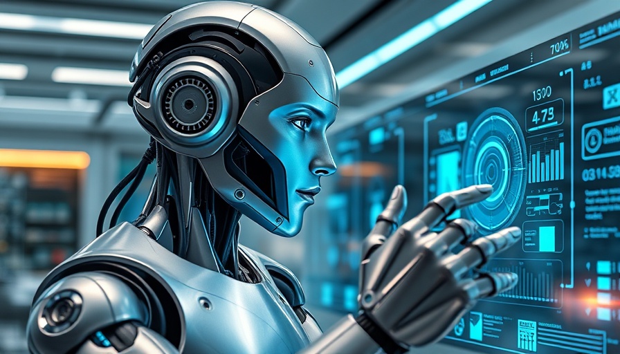 Futuristic robot interacting with holographic screens, symbolizing the future of robotics.