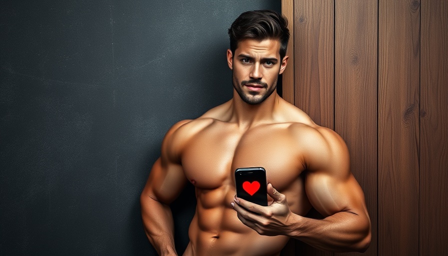 Fit man with smartphone showing hearts, dark backdrop.