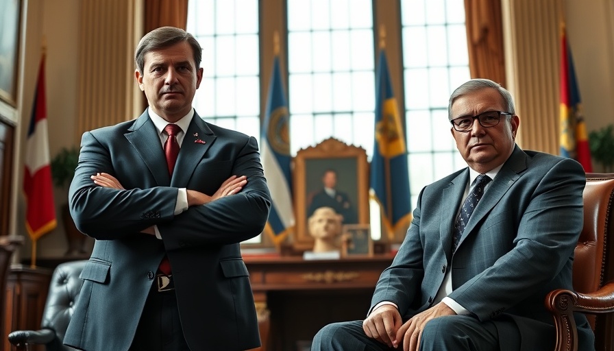 Prominent figures in a formal office with thoughtful expressions.