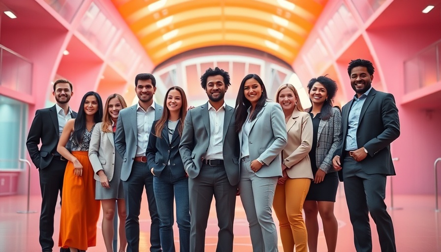 Group of professionals celebrating on stage, modern design.