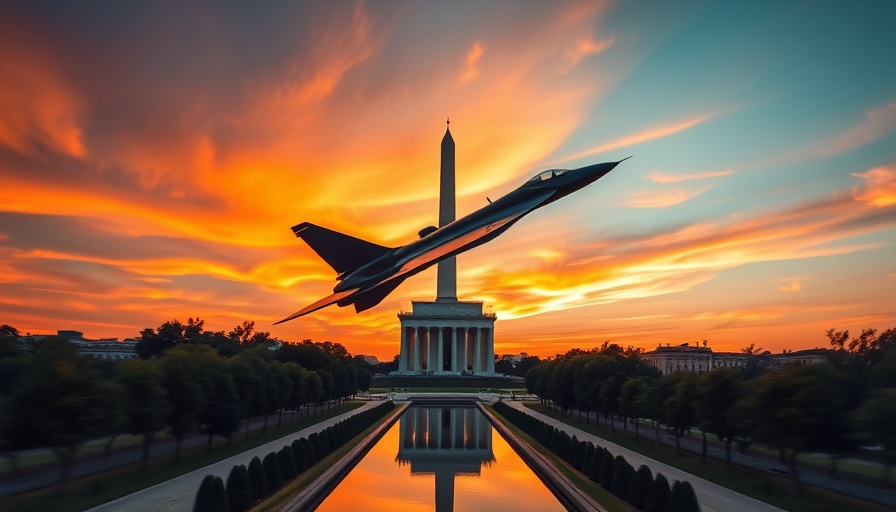 Supersonic jet over Washington Monument at sunset, vibrant sky.