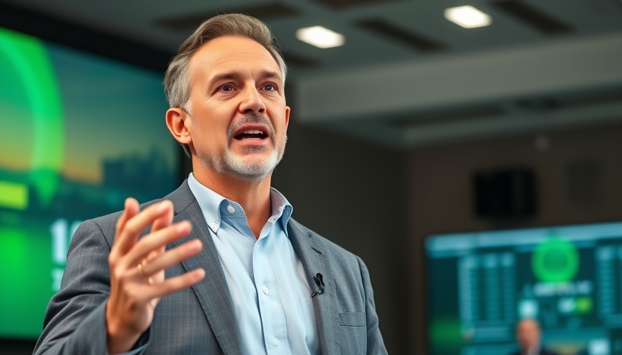 Confident man discussing future technology at a conference.