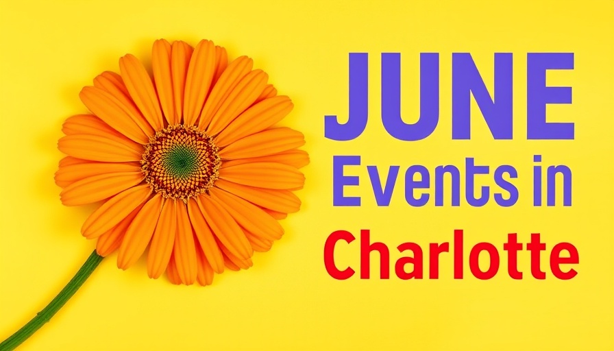 Vibrant orange daisy with 'June Events in Charlotte' text on yellow background, things to do in Charlotte in June.