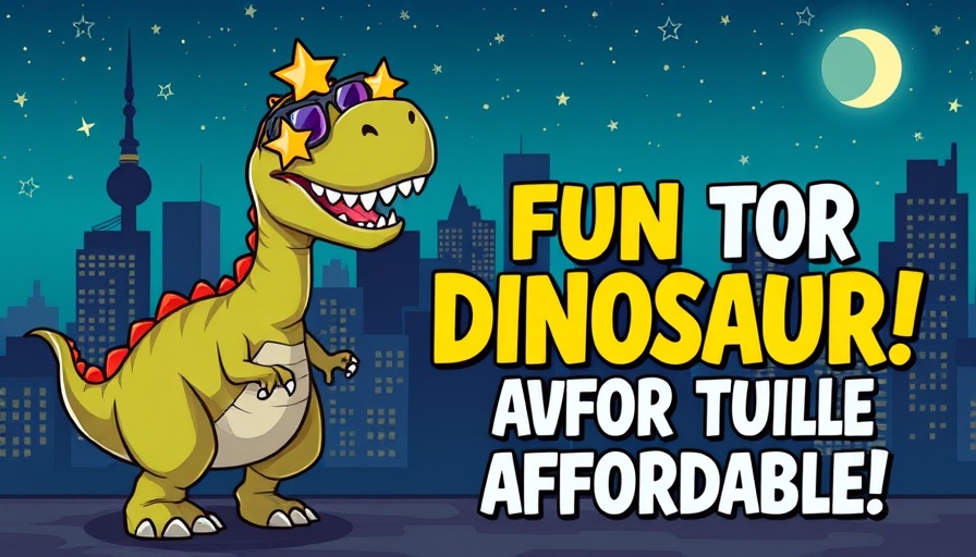 Free art films at Gaston County Public Library promotion with fun cartoon dinosaur.