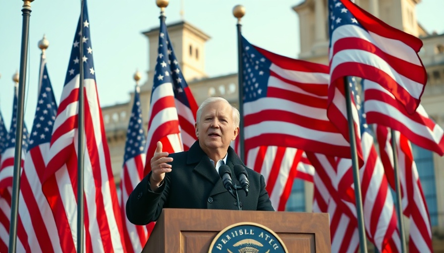 Speaker at podium with American flags, outdoors.