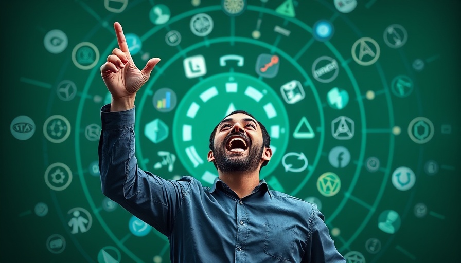 Excited man celebrates AI creativity with tech logos in background.