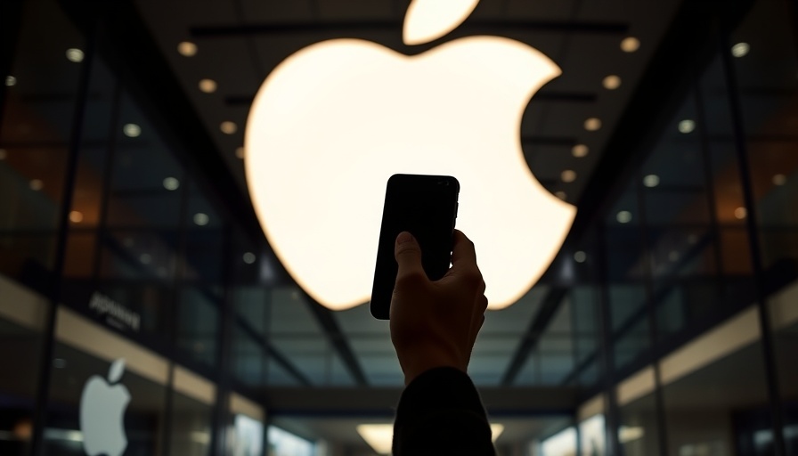 Silhouetted person with phone in front of Apple store showcasing iOS 19 features.