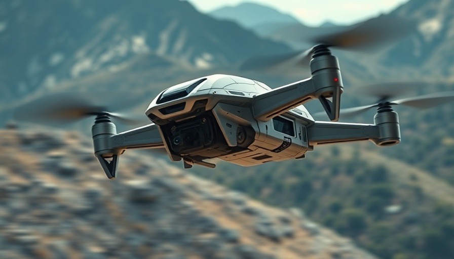 High-tech robotic drone flying fast in a mountainous area.