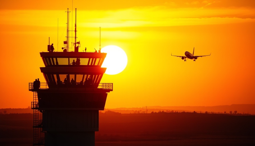 FAA modernization air traffic control tower during sunset with airplane.
