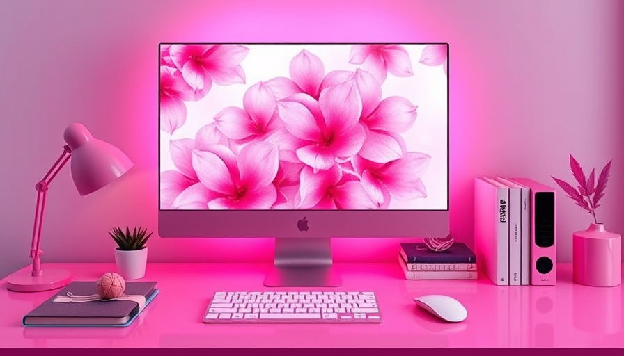 Sleek pink computer displaying macOS Tahoe features on an artistic desk.