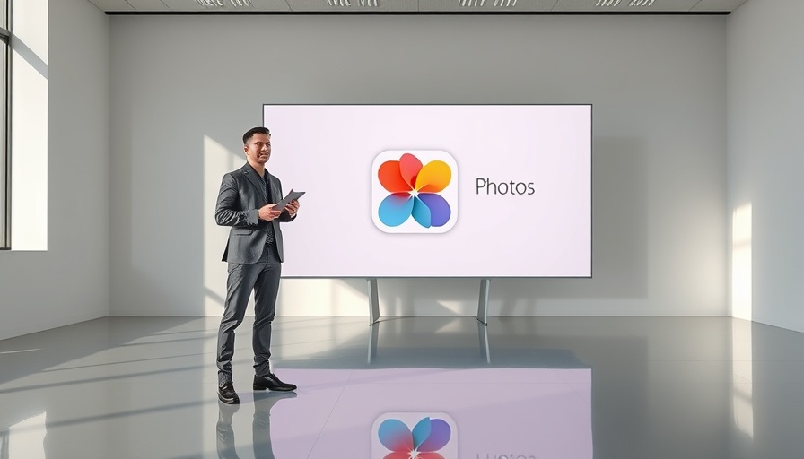 Presenter introducing Apple Photos app updates in a sleek modern space.