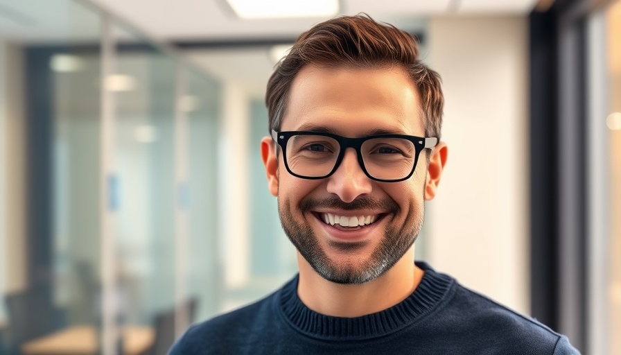 Smiling man in navy sweater in a modern office setting.