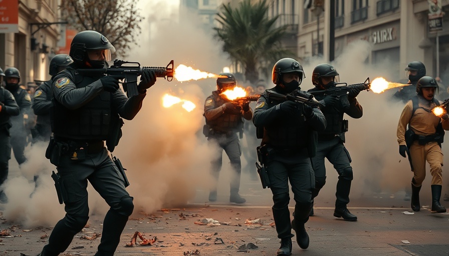 Marines Deployment in an urban protest scene with tactical officers firing