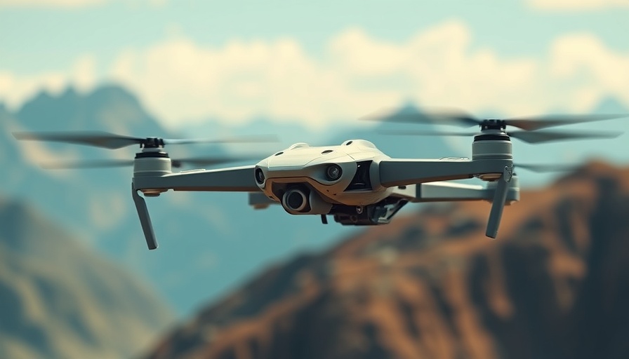 Futuristic drone like robot bird flying over mountains.