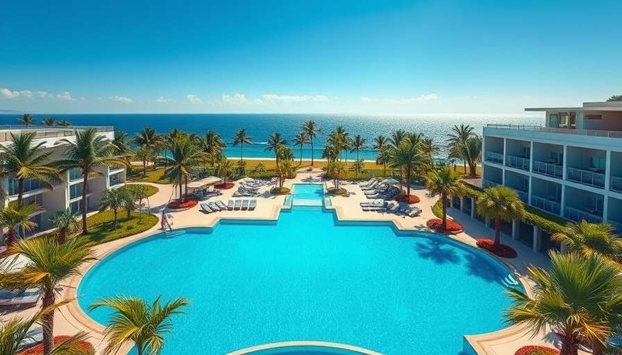 Aerial view of Miami resort pool area near the ocean.