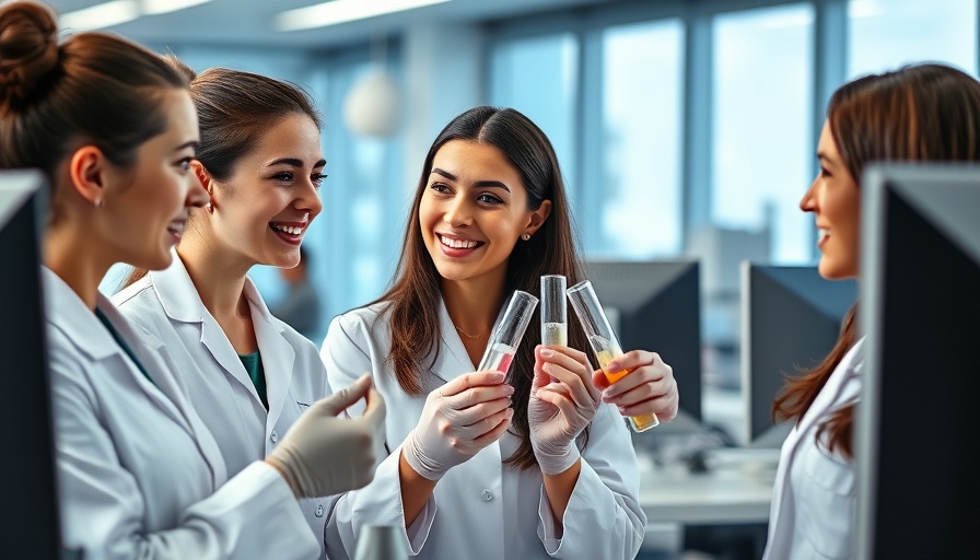 Smiling female scientists in modern lab discussing cloud-based HPC healthcare.
