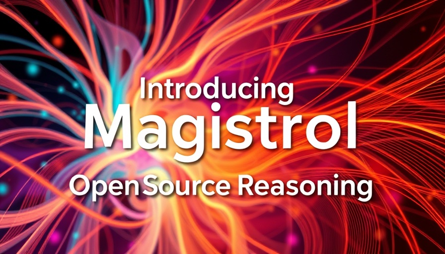 Mistral's Magistrol AI Reasoning Model vibrant abstract background with text.