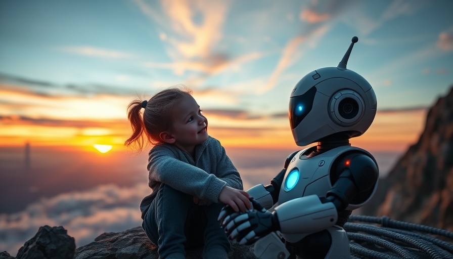 Child and robot discussing AI societal challenges at sunset.