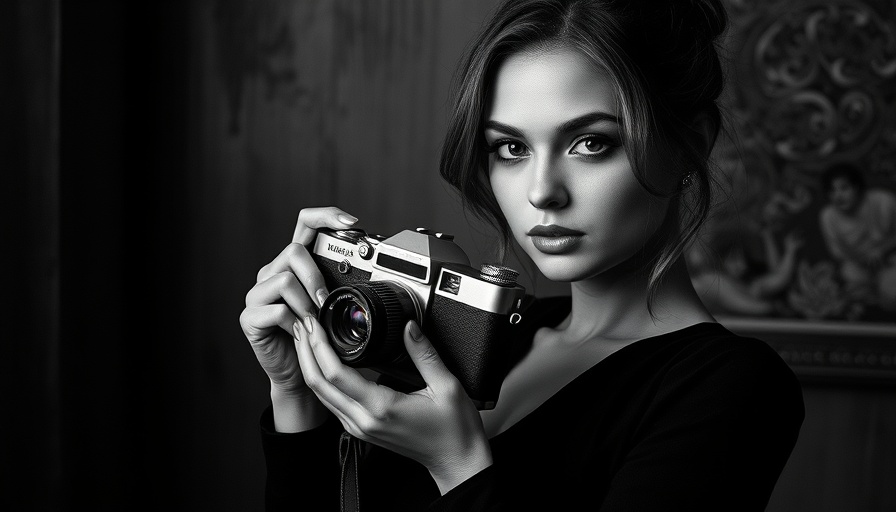 Monochrome photo of woman with vintage camera and no login symbol.