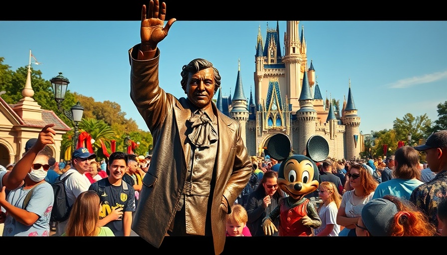 Crowded theme park with bronze statue and castle in background.