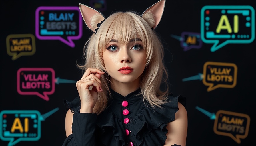 Cosplay woman with AI-themed bubbles, thoughtful pose, vibrant contrast.