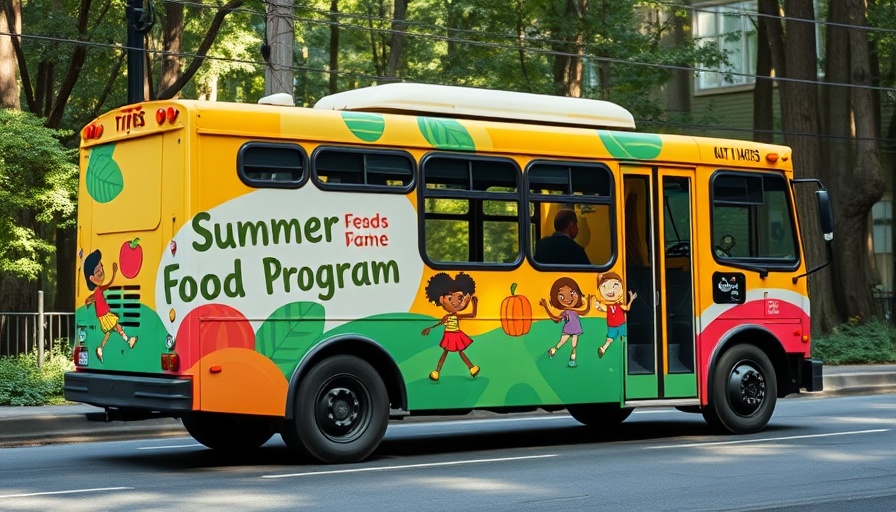 Brightly decorated bus for Atlanta Summer Food Program in forest.