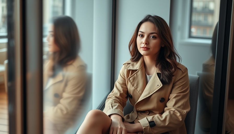Young woman in a trench coat sitting by a window, relaxed pose.