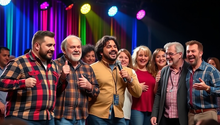 We Love Dad Comedy Show Charlotte performers on stage with colorful backdrop.