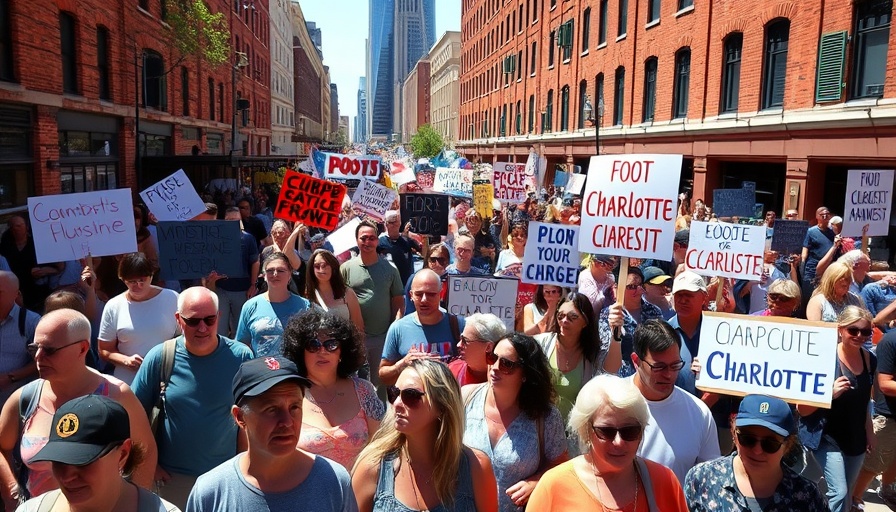 Charlotte Protests crowd with signs in sunny street.