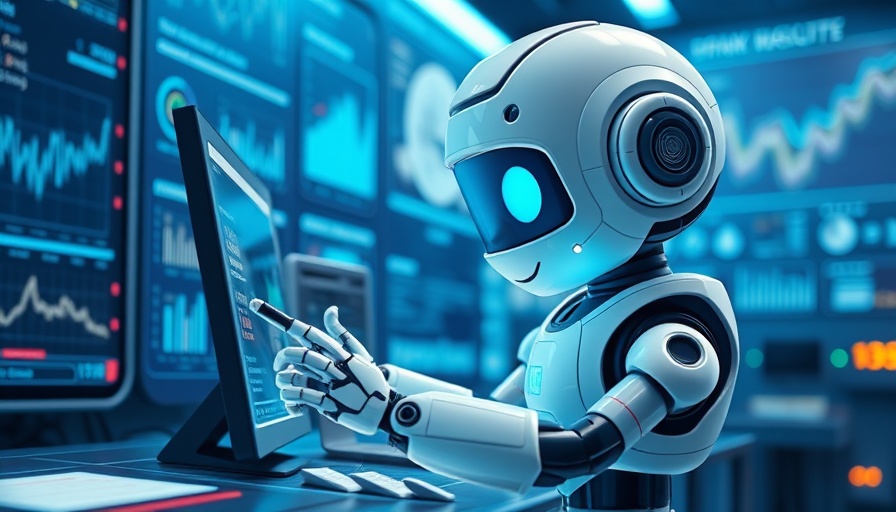 Futuristic robot interacting with data in cartoon style.