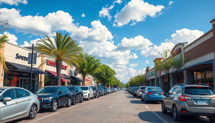 Ballantyne Bowl parking lot with parked cars and shops.