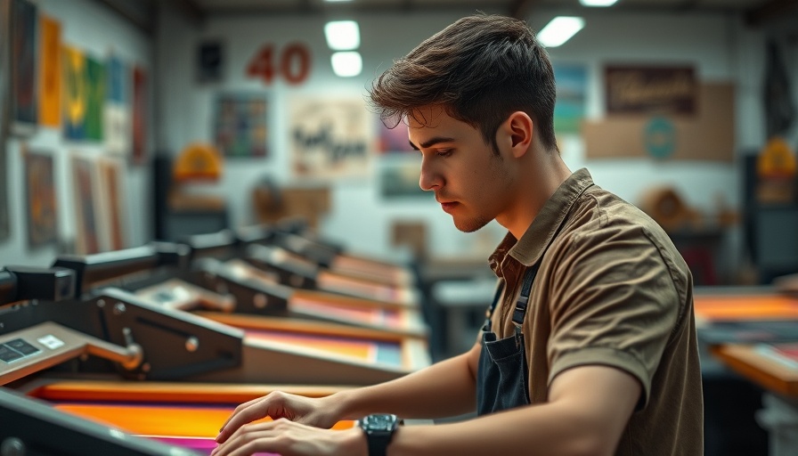 Free screen printing in Charlotte NC: Young man working in a vibrant shop.