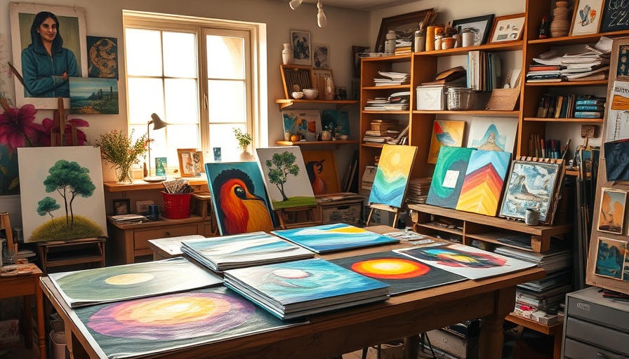 Art studio rich with colorful paintings at David French Art Studio Event Charlotte.