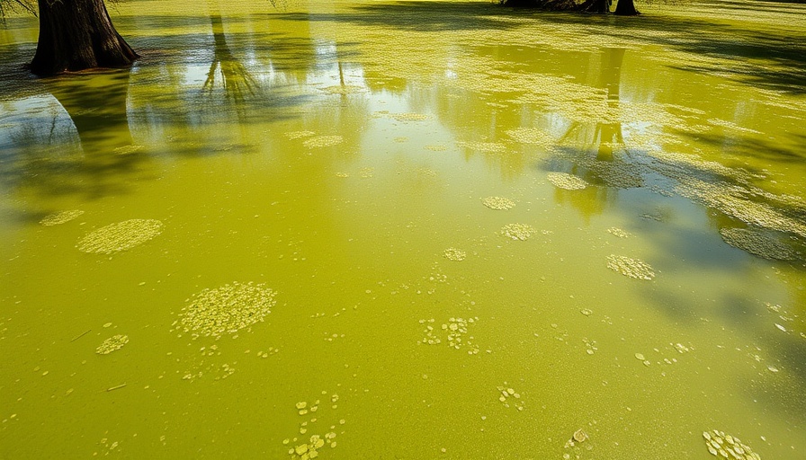 Toxic algae on Lake Norman creating a thick green surface layer.