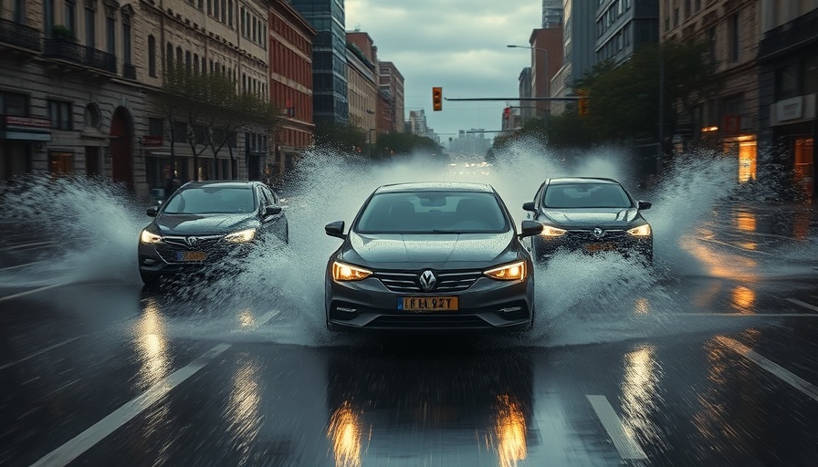 Cars driving through flooded streets during Charlotte rainfall 1000-year event.