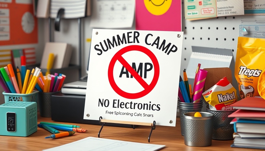 Summer camp organization tips sign prohibiting electronics amid camp supplies.